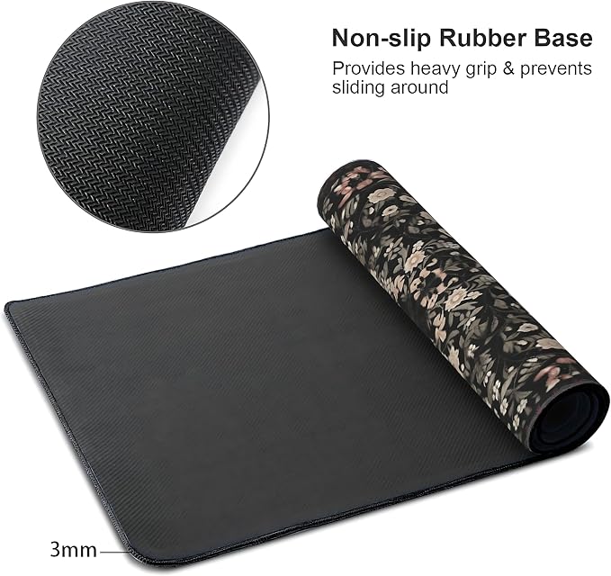 Floral Aesthetic Wildflower Gaming Mouse Pad, Black Rug Desk Mat with Anti-Slip Base & Stitched Edges,35.4" x 15.7" in Desk Accessories for Women, Home Office Decor & Artistic Gift