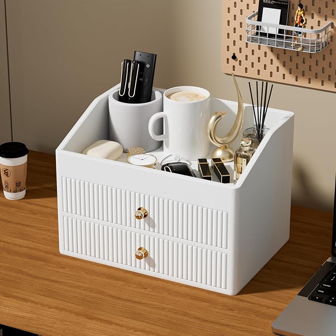 LADSTAG Desk Organizer,Beige White Vegan Leather Desk Accessories & Workspace Organizers with 2 Drawers & Tray,Key Holder with Gold-Tone Metal Accents knob，Jewelry Box,Nightstand