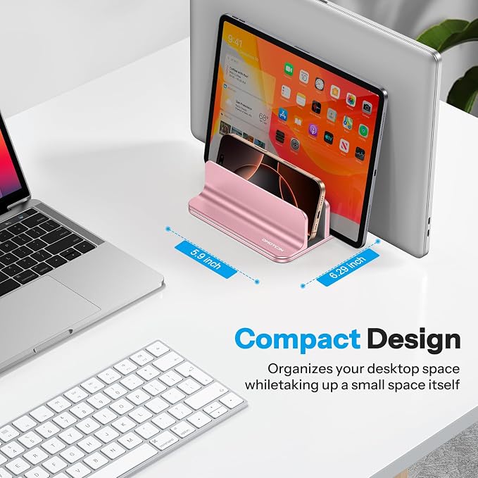 OMOTON 3-Slot Multiple Vertical Laptop Stand, Fits MacBook, Rosegold | Adjustable Width 0-1.38", Aluminum Office Space-Saving for Desk, Fits MacBook/Book/iPad Up to 17.3in