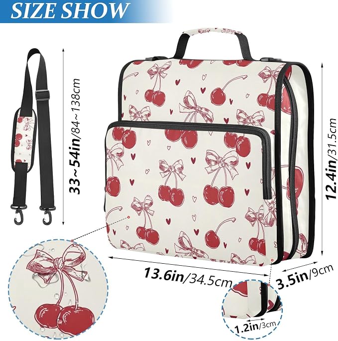 3 Ring Zipper Binder with Shoulder Strap Red Bow Cherry Love 2 Inch Zippered Binder Bag 500 Sheet Capacity Multi Pockets for School Supplies
