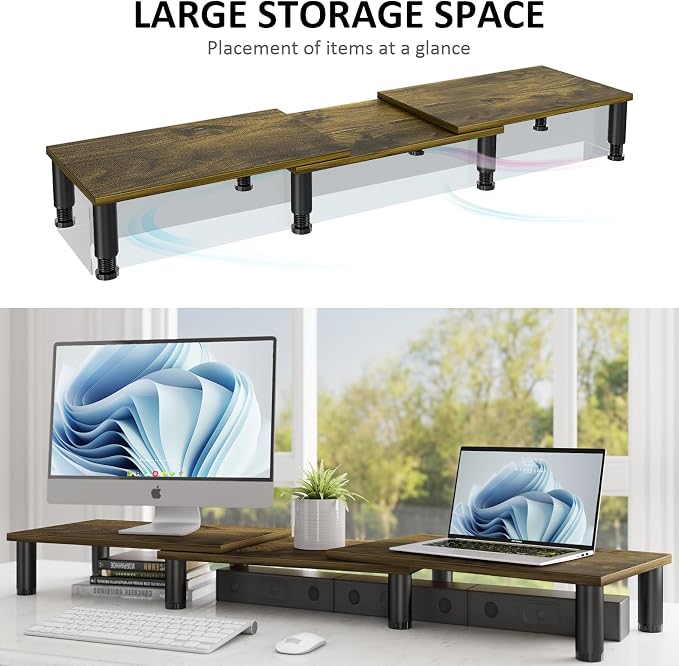 Dual Monitor Stand Riser, Monitor Stand with Adjustable Length and Angle, Wood Monitor Stand for Desk, Monitor Riser for 2 Monitors with Storage Space