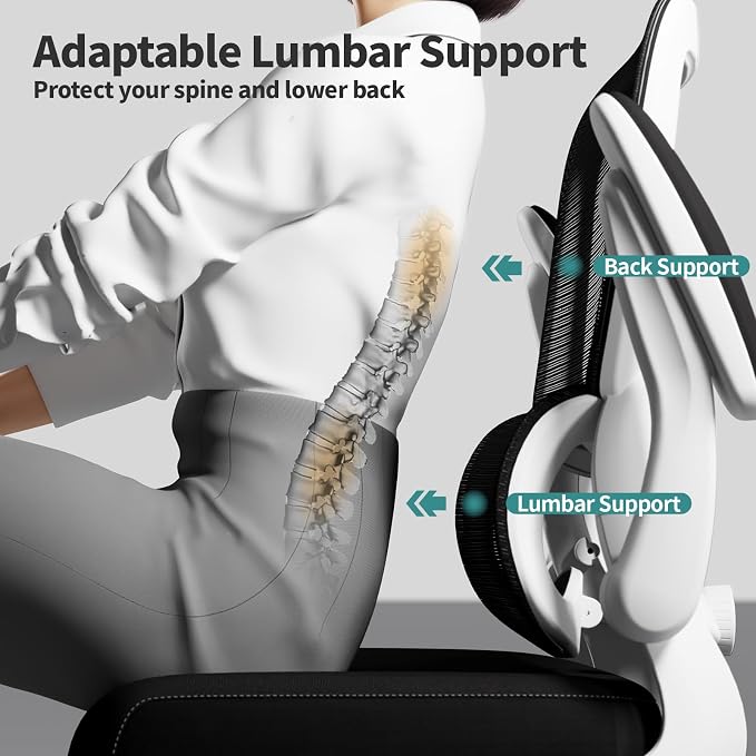 TRALT Office Chair - Ergonomic Desk Chair with Adjustable Lumbar Support, Mesh Computer Chair, Executive Chair for Home Office Comfortable Lumbar Support (1, White+Black)