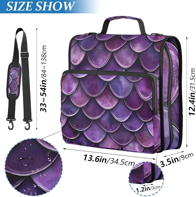 ALAZA Purple Dragon Scales Zipper Binder 1.5 inch 3 Ring Binder Organizer with Shoulder Strap and Handle for Home Office Work