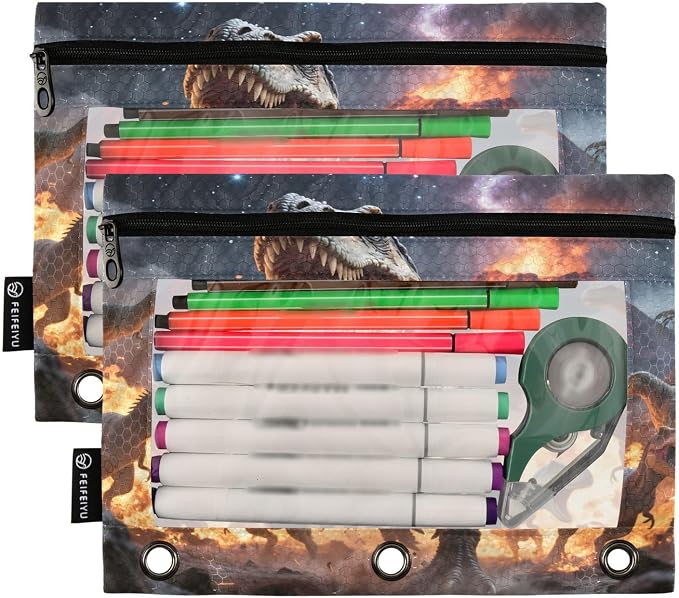 Custom Dinosaurs Roar Pencil Pouch for 3 Ring Binder, 2 Pack Personalized Name Waterproof Pencil Bags Clear Window Pencil Case School Office Supplies