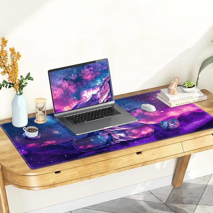 Large Gaming Mouse Pad Set, Purple 4 in1 Ergonomics Keyboard Desk Mat with Memory Foam Wrist Rest, Extended Game Mousepad, Non-Slip Desk Pad Matt Easy Typing Pain Relief I Galaxy Mountain
