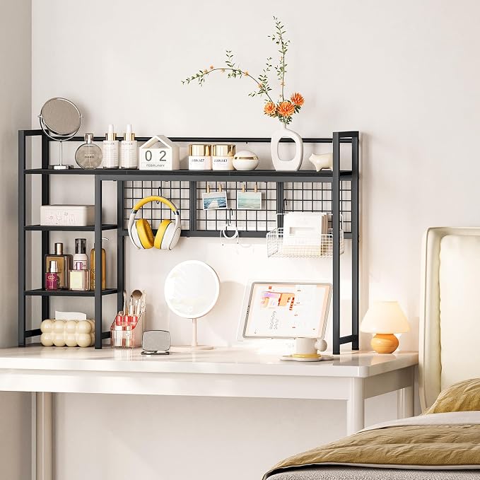 Snughome Desk Shelf, 44.9" Desktop Organizer Shelf, Desk Hutch for Computer Monitor, 4 Tier Desk Display Rack with Pegboard Hooks Set, Wood Desktop Bookshelf for Home Office Dorm