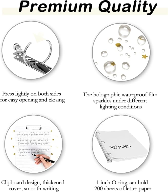 3 Ring Binder 1 inch with Clipboard - White with Gold Dots & Stars Design, Includes Dividers, File Bag & Spine Label - Glamorous and Functional for Any Setting, Holographic Waterproof Film