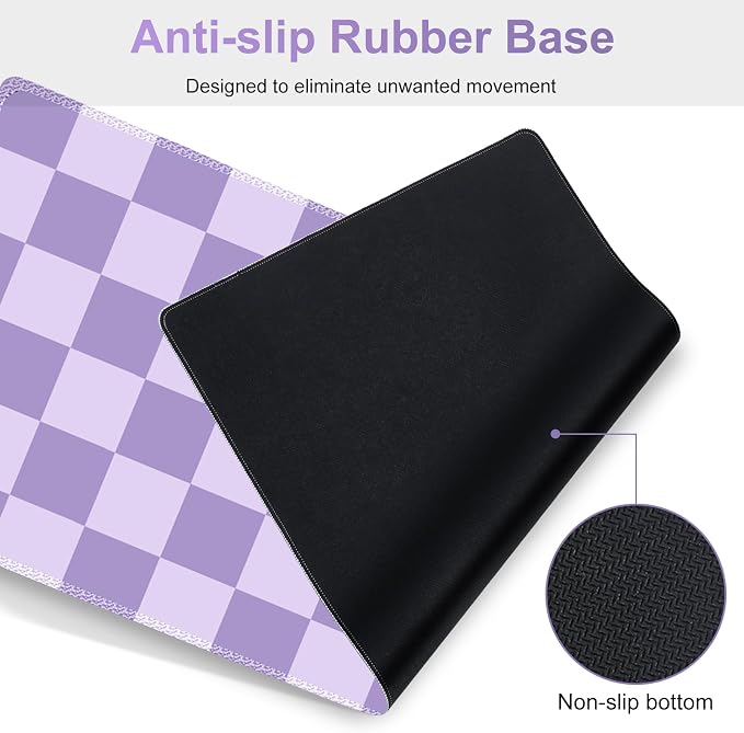 Large Gaming Mouse Pad Set, 4 in1 Ergonomics Keyboard Desk Mat with Memory Foam Wrist Rest, Extended Game Mousepad, Non-Slip Desk Pad Matt Easy Typing Pain Relief I Light Purple Checkered