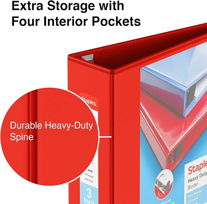 Staples Heavy-Duty 3-Inch D-Ring View Binder, Red, 600 Sheets | Reinforced spine for durable everyday use in office and school settings.