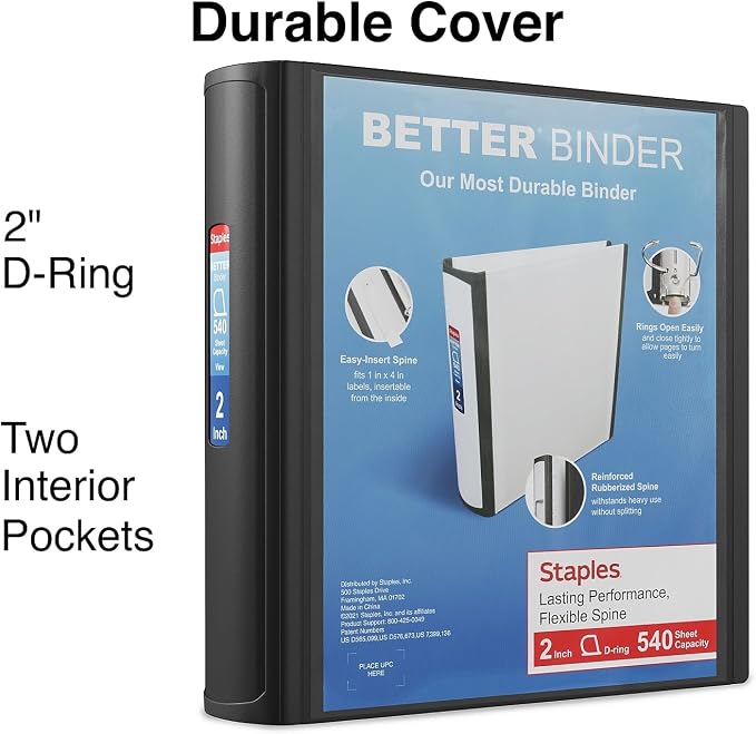 Staples Heavy-Duty 2-Inch D-Ring Binder, Black, Large Capacity | 3-ring binder built for durable school and office document storage.