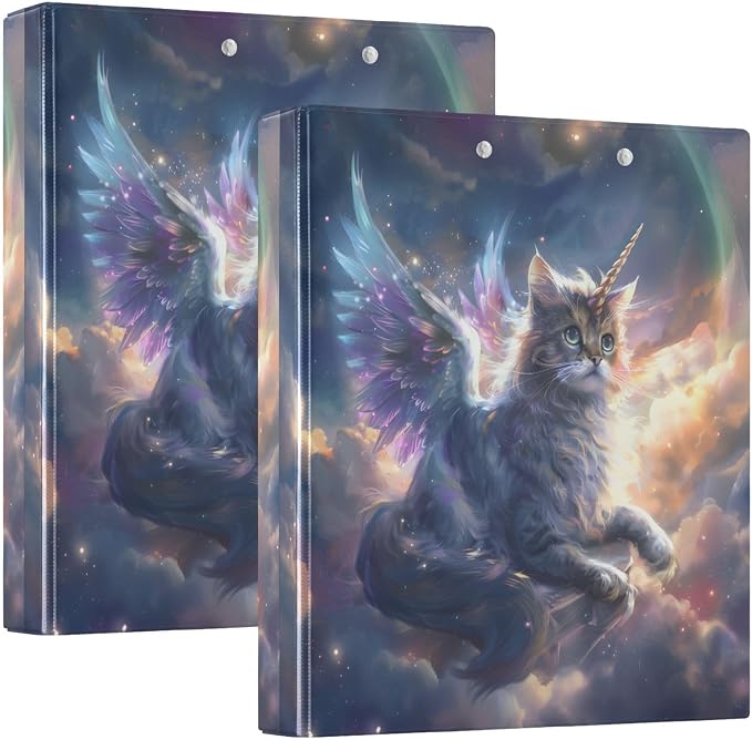 Custom 3 Ring Binder Unicorn Cat with Wings 1.5" Round Ring Binders Personalized Name View Binder with 200 Sheet for Women Men Office Kids School Supplies, 1 Pack