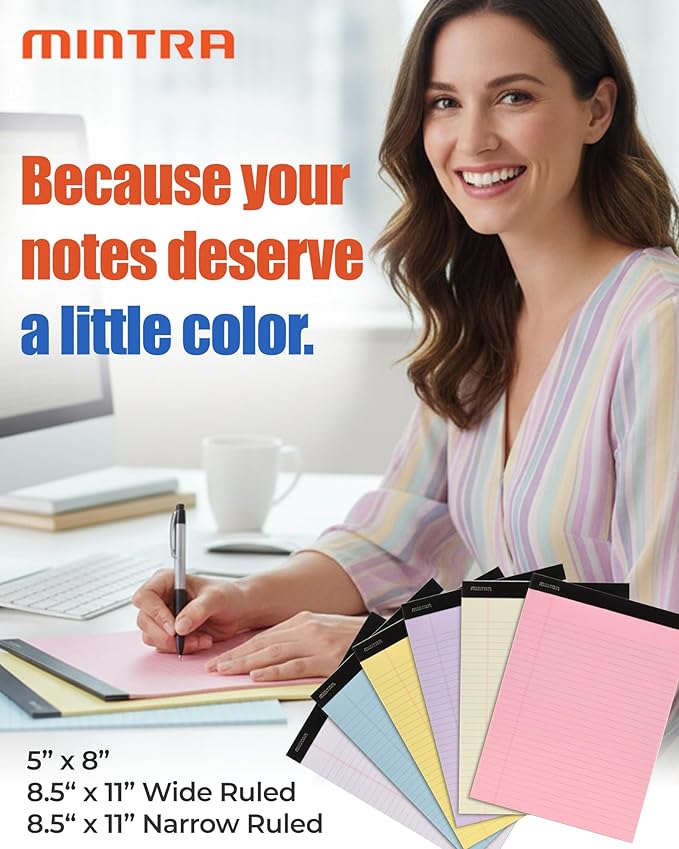 Mintra Office Legal Pads, ((Basic 6pk - (Pastel Version #2), 8.5in x 11in, Wide Ruled))