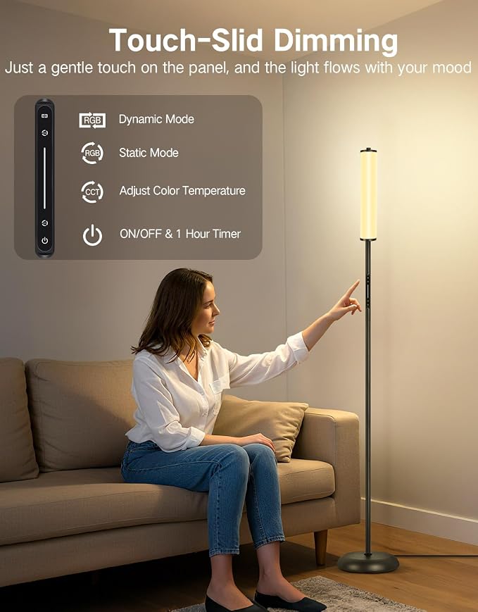 OUTON Bright Smart Floor Lamp with Remote, App & Touch Control, RGB Color Changing Standing Lamp, 2200K-6500K Dimmable, 3 Adjustable Heights, 32 Scenes for Living Room Bedroom Office Black