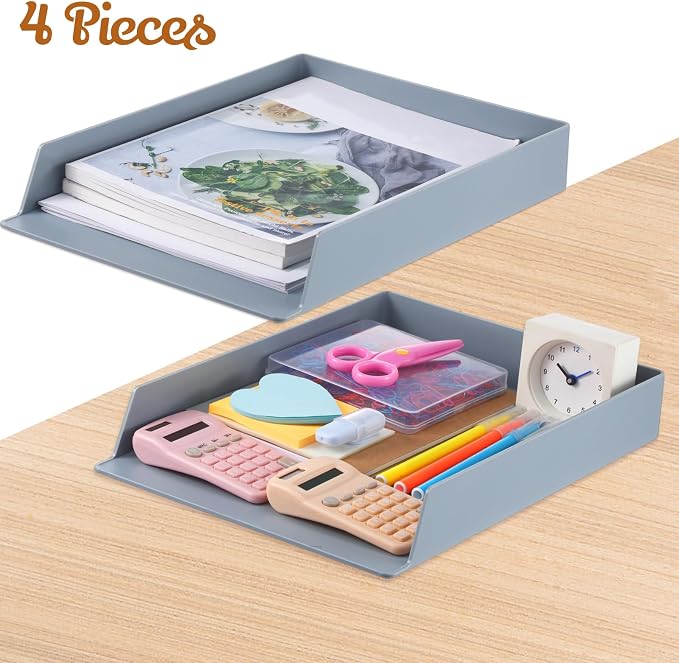 4 Pcs Stackable Paper Trays Rectangular Plastic Desk Holder Desktop Document File Organizer Storage Letter for Office Classroom (Gray)
