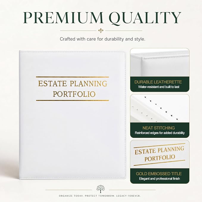Dunzoom 2 Pcs Estate Planning Portfolio Binder PU Leather 3 Ring Binders with Gold Title and Index Tab Dividers, 11'' x 11.8'' x 2.4'' Estate Planning Organizer (White)