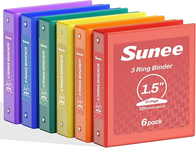 SUNEE 1.5 Inch Binders 3 Ring 6 Pack, Clear View Three Ring 1 1/2 Inch Binders PVC-Free (Fit 8.5x11 Inches) for School or Office Supplies, Classic 6 Colors