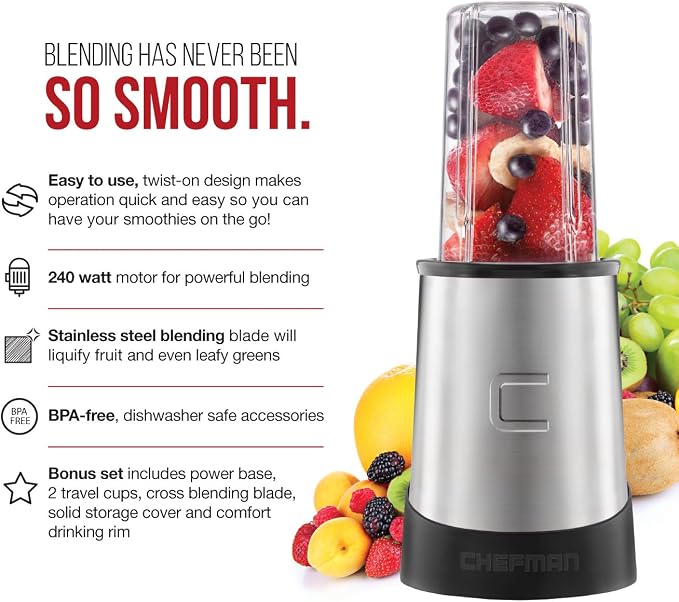 Chefman Personal Ultimate Kitchen Blender, Quick Portable Blending of Shakes, Smoothies, Baby Food & Juice, 2 Travel Cups, Cover & Drinking Rim, 6-Piece Set, Dishwasher-Safe Stainless-Steel Blade