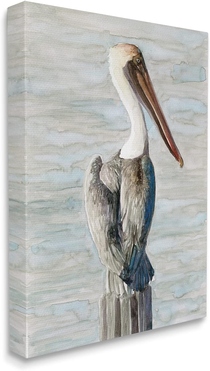 Long Beak Pelican Coastal, 16 x 20 Inch Canvas Wall Art | Stupell Industries · By Stellar Design Studio · Ready to hang · Coastal bird decor for living room or office · Made in USA