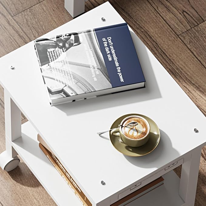 TUTOTAK Printer Stand, 2 Tier Rolling Printer Cart with Charging Station | Small Under Desk Printer Table with Wheels for Small Space, Office, Home, White PS01BW001