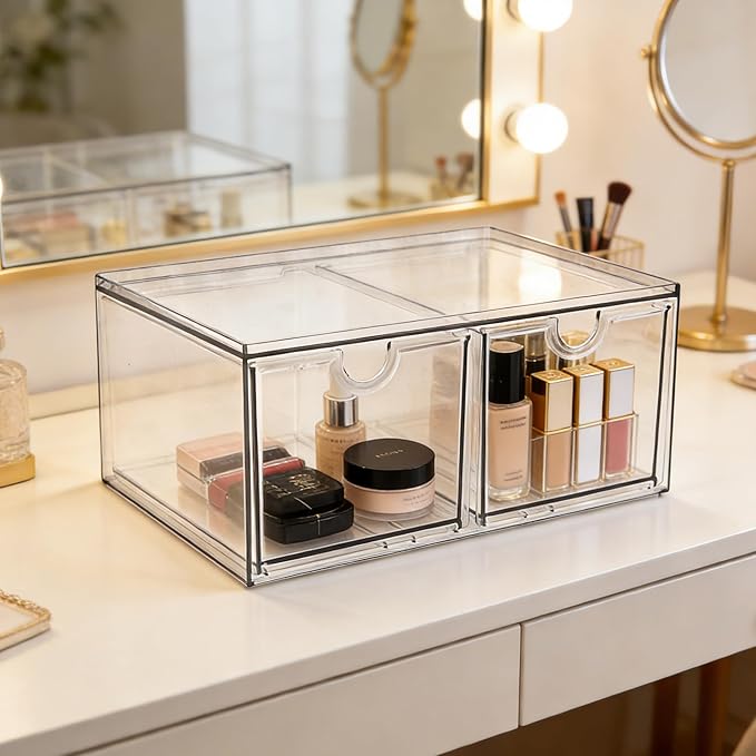 Prsildan Stackable Clear Makeup Organizer Acrylic Storage Drawers with 2 Drawers for Vanity Bathroom Office Desk Modular Drawer System for Cosmetics Jewelry Toiletries Home Organization