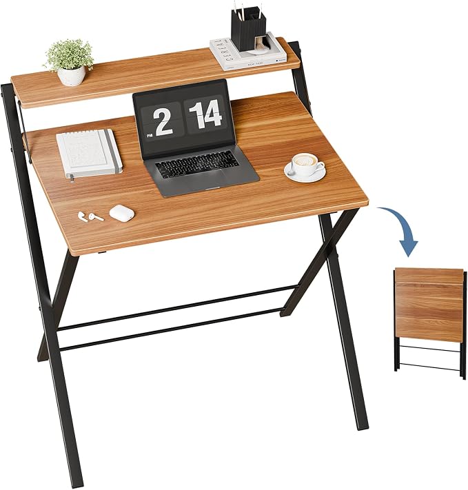 DUMOS Folding Desk No Assembly, Small Computer Desk with Shelf for Dorm | Portable Foldable Table for Laptop, Space Saving Desk for Home Office, Tight Spaces Apartment, Brown