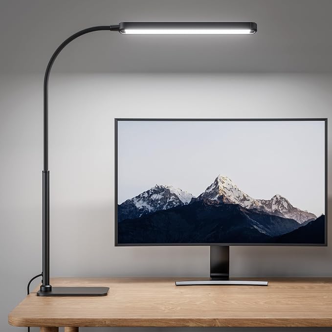SUPERDANNY Eye-Caring LED Desk Lamp Work Lamp Office Lamp with Base | Black, Touch Control, 360° Flexible Gooseneck, 3 Modes Smooth Dimming, Memory Function, Adapter, Metal, for Home Office Dorm