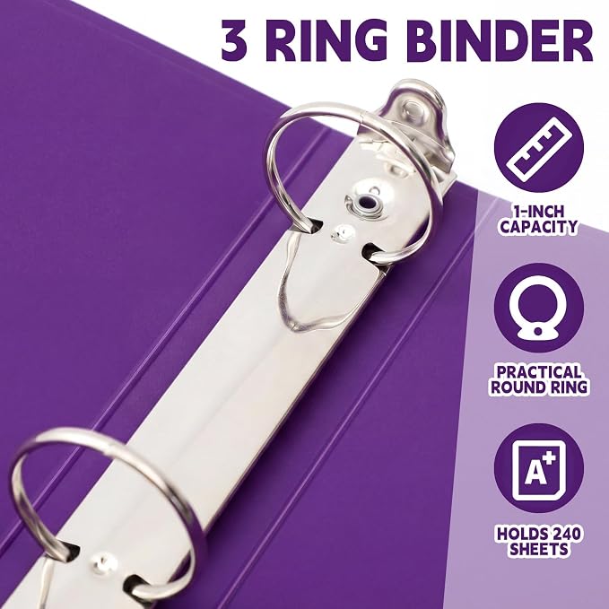 Henoyso 1 Inch 3 Ring Colored Binders Soft Flexible, 8.5'' x 11'' Plastic Floppy Binders Bendable with 2 Pockets, Colorful Binder Bulk for School Office Business ，12 Pack (Assorted Stylish Color)