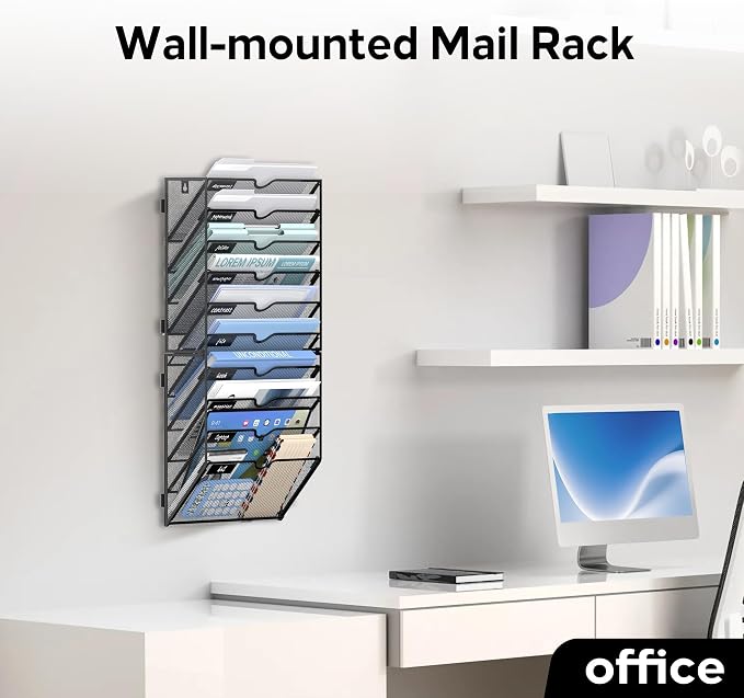 10-Tier Wall File Organizer and Hanging File Organizer, Black, 2Pack | Wall Organizer and Wall Mounted File Holder with 10 Pockets and Label Panels for Files, Mail, Folders, Magazines and Paper