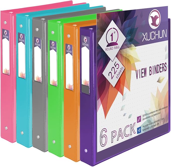 XUCHUN 3 Ring Binders 1 Inch,Clear View Binder with 2 Pockets, Holds 225 Sheets 8.5x11 Inches Paper, Customizable Cover & Spine, Large Capacity Binders for Office, School, Home, Business 6 Pack