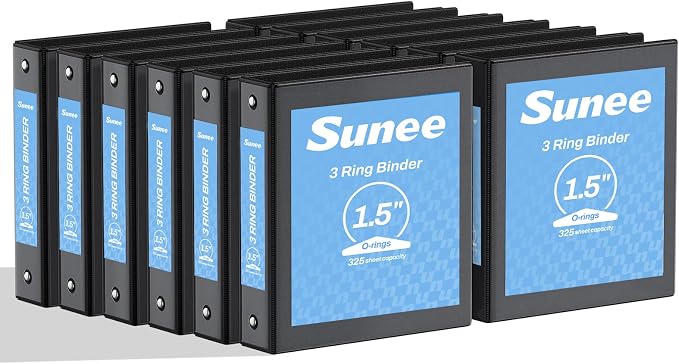 SUNEE 1.5 Inch Binders 3 Ring 12 Pack Bulk, PVC-Free Clear View 1 1/2 Inch Binders (Fits 8.5x11 Inches) for School, Office & Home Use, Black