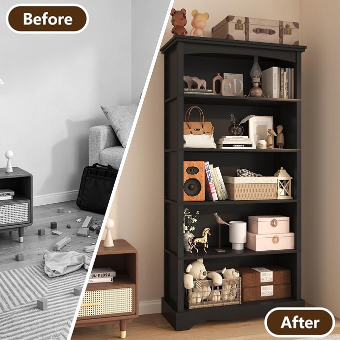 TVU 5-Tier Wooden Bookshelf, 31.5" W x 65" H ×9.9" D Bookshelf with Storage, Floor Standing Modern Style Display Bookcase for Living Room, Office, Study Room, Entryway, Black