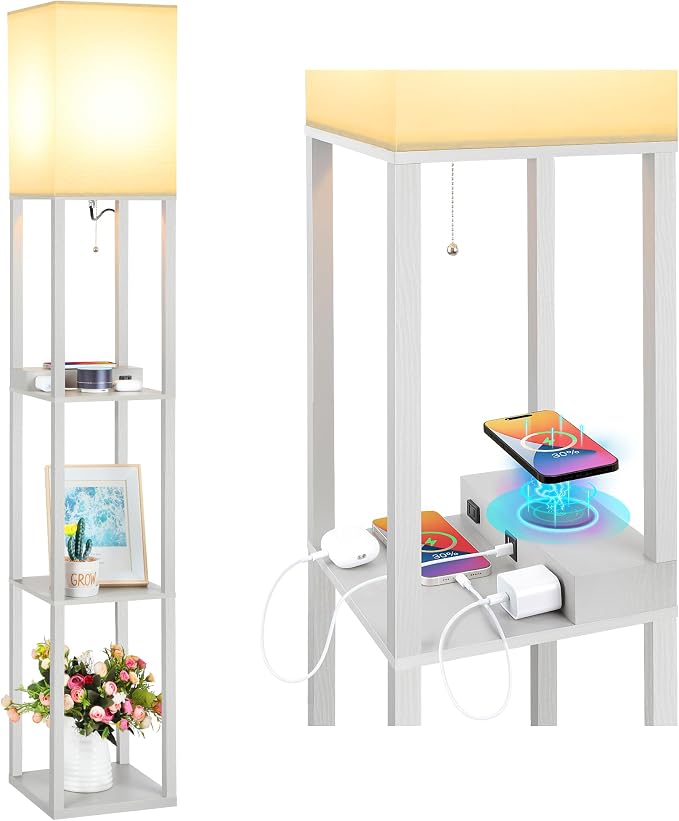 Shelf Floor Lamp with Wireless Charger, USB, Type C, AC Port, Grey | Fast Charging USB Ports & Type C Port & 2 Power Outlets, 3 Tier Storage Shelf Lamp, E26 Base, 60W Max(Bulb Not Included)