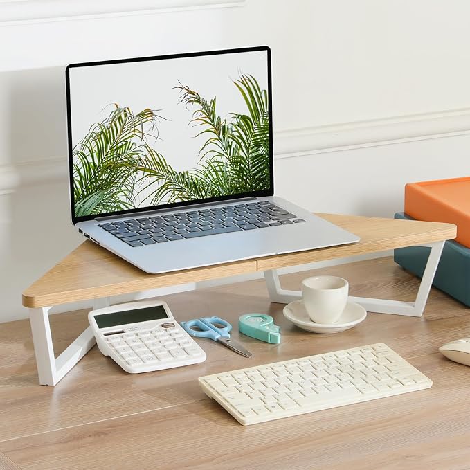 TEAMIX 26 inch Corner Monitor Stand Riser with Keyboard Storage, Maple | Triangle Monitor Stand, Wood & Metal Computer Stand, Laptop Riser, Desktop Organizer, for L Shaped Desk, Home Office & Gaming