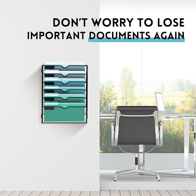 6-Tier Wall File Organizer, Wall Mounted Mail Sorter, 2 Pack | Metal Mesh Hanging File Organizer with Open Compartments and Label Panels for Papers and Folders at Home, Office or School
