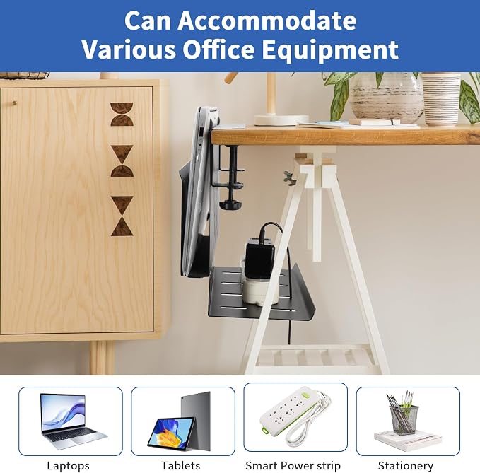 LUKETURE Desk Side Storage, Under Desk Laptop Mount with Cable Tray | 2-in-1 Steel laptop mount clamps to desk side, no drilling. Built-in cable tray hides cords. Holds 30 lbs, Office and Home