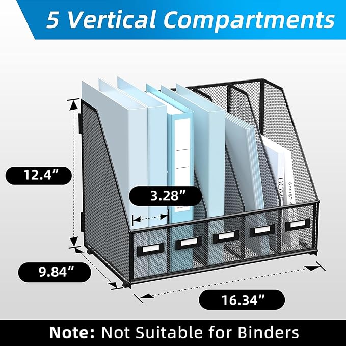 Desk Organizers Metal Desk Magazine File Holder with 5 Vertical Compartments Rack File Organizer for Office Desktop, Classroom, Home Workspace, Black