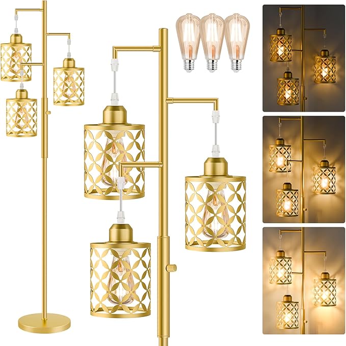 Dimmable Floor Lamp, Farmhouse Standing Lamp with Elegant Metal Cage, Industrial Tall Tree Floor Lamps for Living Room Bedroom Study Room Office, 3 x 800LM LED Bulbs Included - 68", Gold