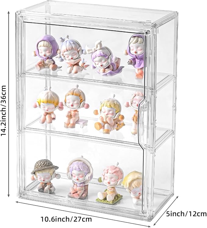 3 Tier Display Case for Collectibles,Clear Display Box with 2 Movable Plates ,Storage Container with Magnetic Door (Large 1 Pack)