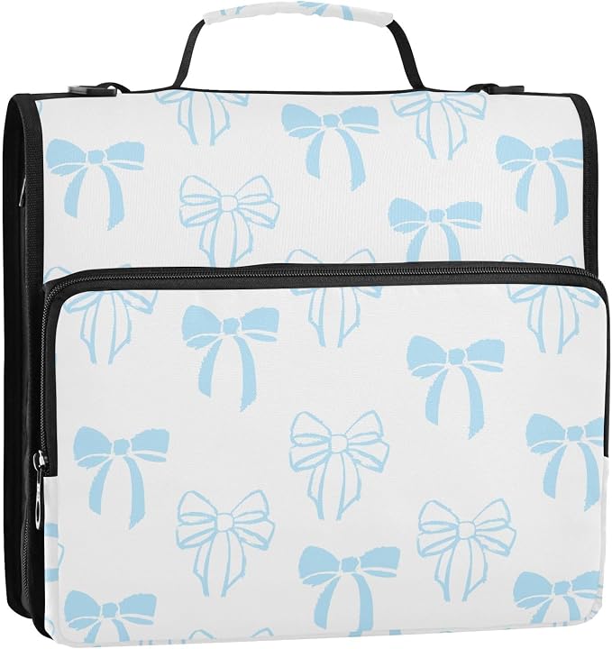 Bow Knot Blue Doodle Zipper Binder with Shoulder Strap Trapper Keeper 3 Ring Binder Organizer Large Capacity Multiple Compartments for School Office