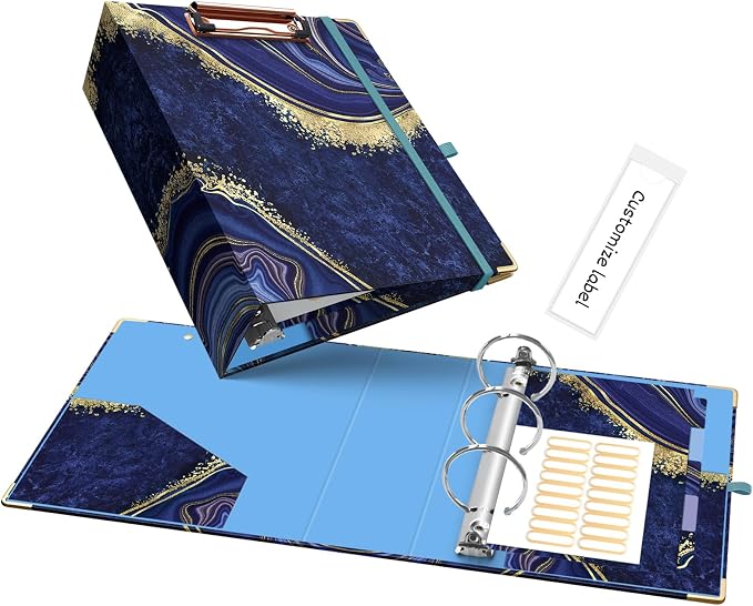 Ospelelf Mini 3-Ring Binder, 2-Inch, Cute for 5.5" x 8.5" with 5 Tab Dividers, File Folder Labels and Low Profile Clipboards, Blue Marble for School and Office