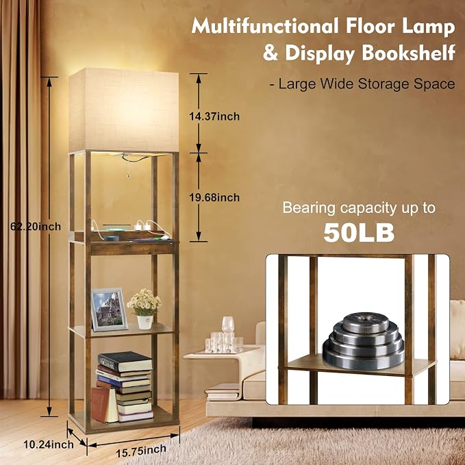 Floor Lamp with Shelves, Plus Shelf Lamp with Wireless Charger, 2 USB Port and Outlet, 1 Drawer, 15W LED Bulb, 3 Colors, Memory Function, Floor Lamps for Living Room, Standing Lamp for Bedroom