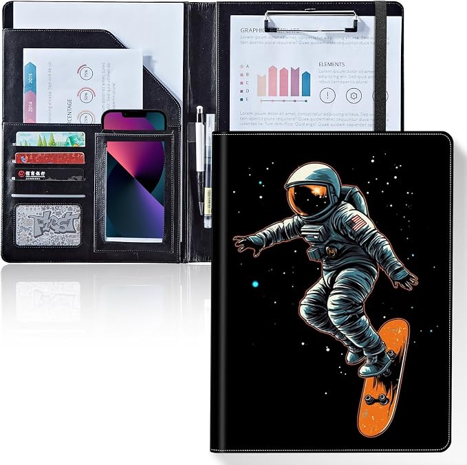 Padfolio/Portfolio Folder Clipboard,Padfolio Clipboard,Writing Portfolio Leather with Cover for Card Holder Slot Letter Size A4 for Office Conference Notepad Clip Boards,Astronaut Skateboard