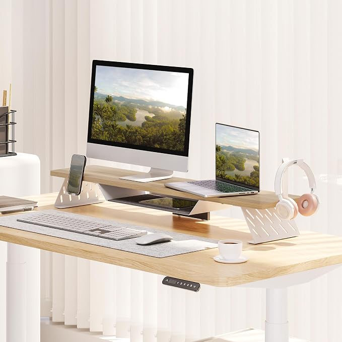 Fenge Dual Monitor Stand, Wooden Desk Shelf with Headphone & Phone Holder | 42.5" Monitor Riser with Storage Shelf, 2-Tier Monitor Shelf with Metal Leg for Home Office Organizer, Oak