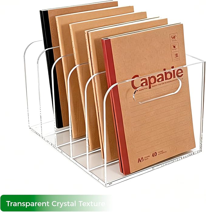 Lovemolly 5-Slot Clear Acrylic Magazine File Holder, Vertical Desk Organizer with Handle – No-Assembly Document Sorter for Office & Home, 7.48 x 10.04 x 6.3 in