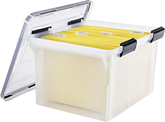 IRIS USA WeatherPro File Box Organizer, Letter/Legal, 32 Qt. Clear | Protect files and paperwork with a durable design featuring secure closure and convenient organization