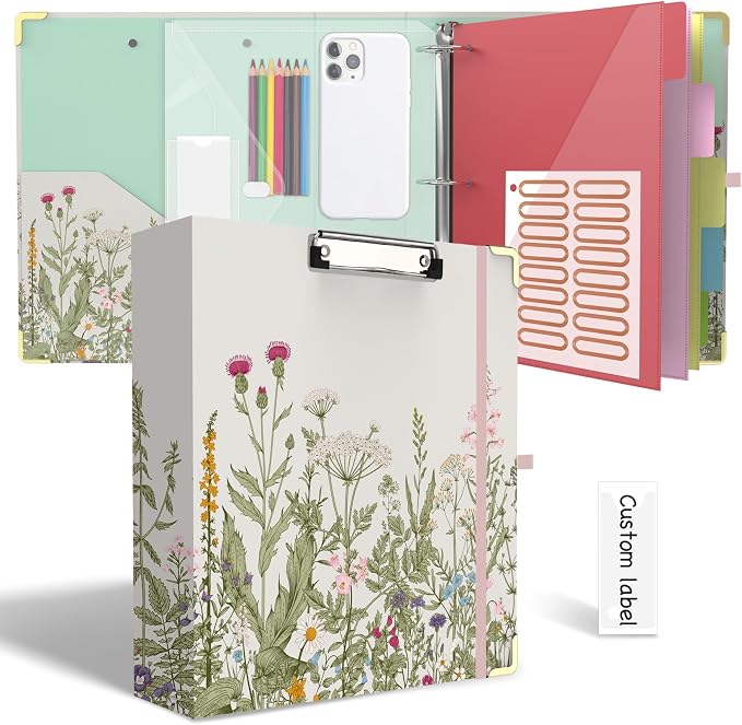 3 Ring Binder 2 Inch for Letter Size 8.5" x 11" Paper, Clipboard Binder with 5 Tabbed Dividers with Pockets, Plastic Folder and 40 Divider Stickers, School and Office Supplies, Garden Flowers