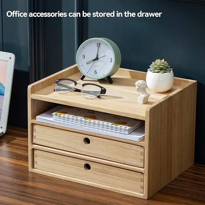 KIRIGEN Wooden Desk Organizer with 2 Drawers and Top Tray, Natural 3D2C-NA | Three-Tier Desktop Storage Cabinet Stores Papers, Office Supplies, Cosmetics, Crafts, and Small Accessories for Home Office