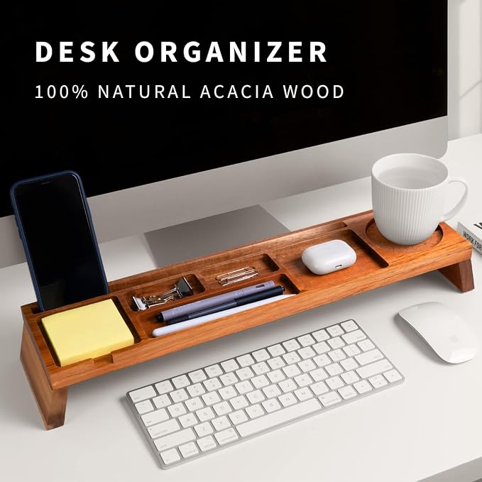 Linwnil Natural Wood Desk Organizer - Multi-Compartment Wooden Organizers for Home, Office, Cubicle Accessories - Table Caddy for Desktop and Workspace - Pencil Storage Tray
