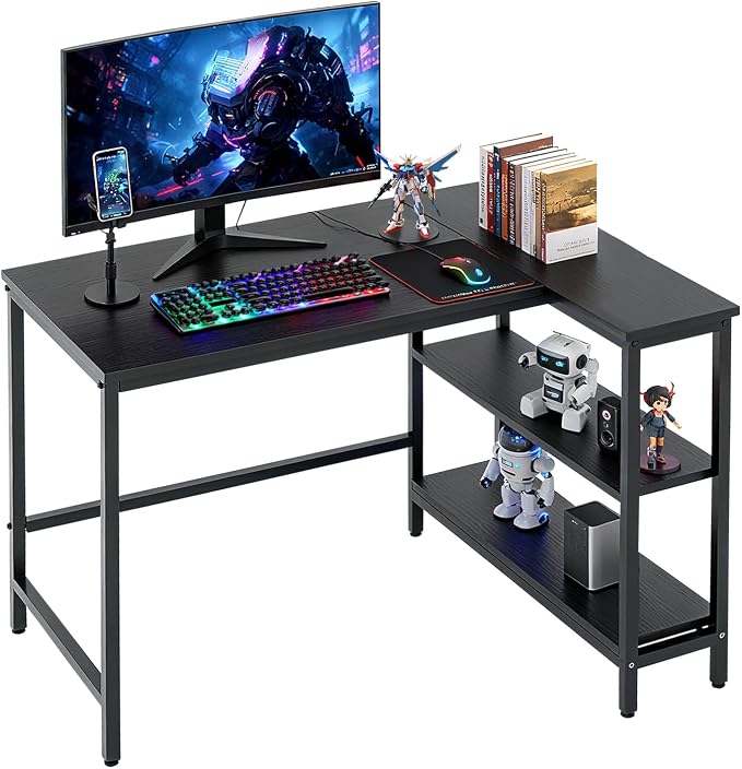 FDW L-Shaped Gaming Desk 39 Inch Computer Desk Corner Desks with Reversible Side Storage Shelves Study Desk Metal Frame PC Work Table for Home Office Dorm Sturdy Writing Workstation,Dark Black