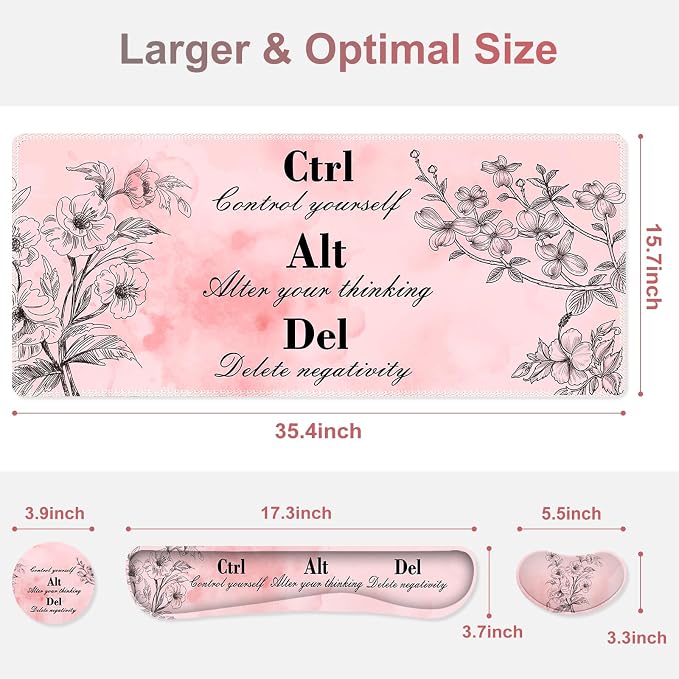Large Gaming Mouse Pad Pink Floral, Ergonomics Keyboard Desk Mat with Wrist Rest, Cute Extended Game Mousepad, Non-Slip Desk Matt Easy Typing I Inspirational with Positive Quotes Ctrl Alt Del